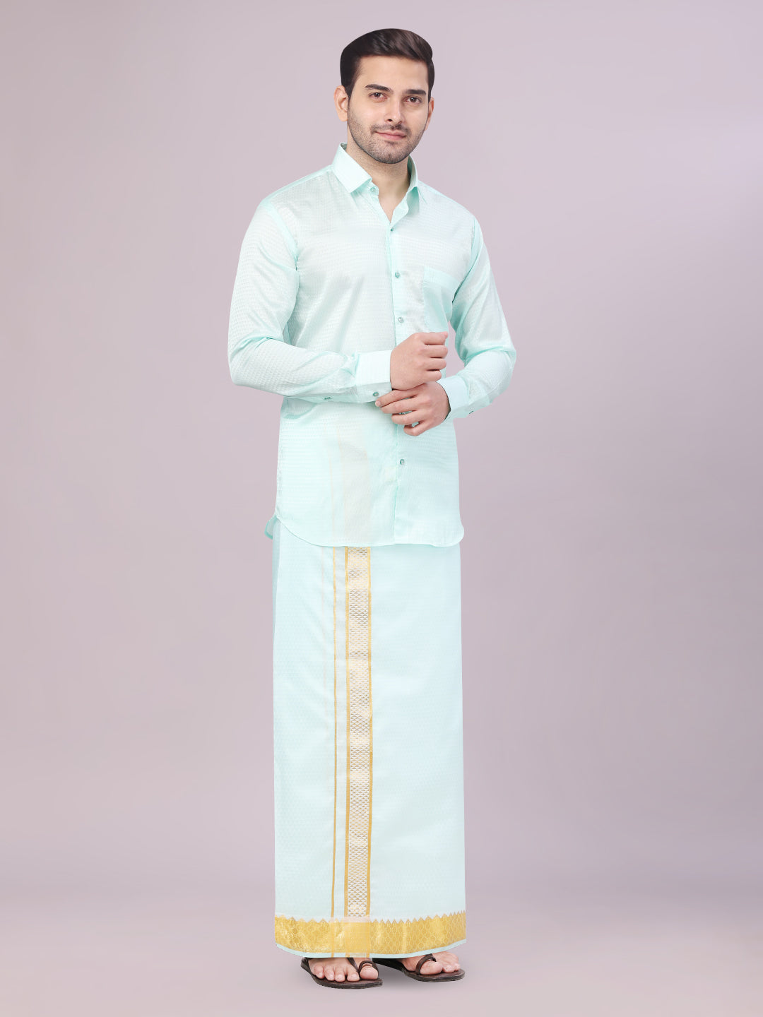 Men's Art Silk Mint Full Sleeves Shirt with 2 1/2" Gold Jari Border Dhoti Combo Neogen side pose