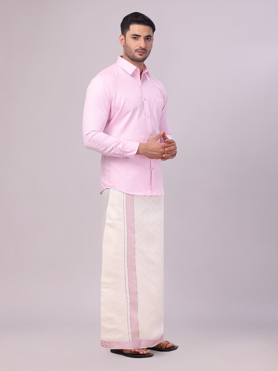 Men's Cotton Light Rose Shirt and Airtex Matching Border Dhoti Combo Nector side pose