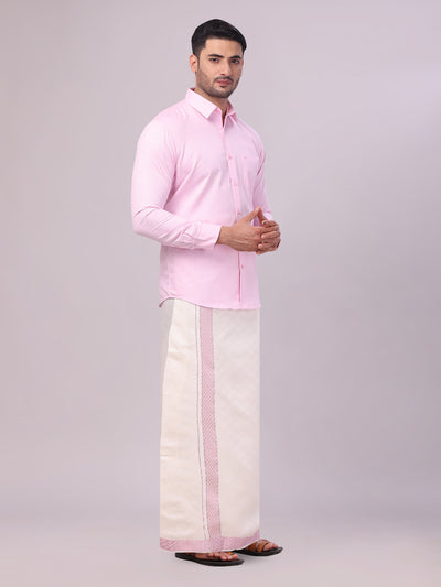 Mens Cotton Light Rose Shirt and Airtex Matching Border Dhoti Combo Nector