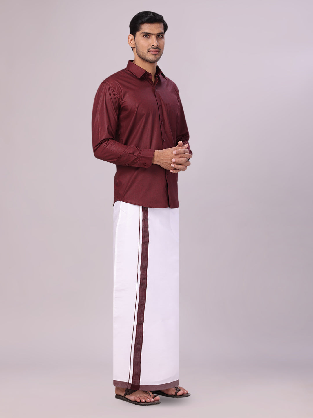 Mens Maroon Color Shirt with Matching Border Dhoti Combo Casper