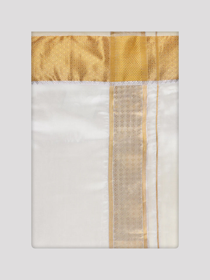 Men's Art Silk Cream Full Sleeves Shirt with 3" Gold Jari Border Dhoti Combo Mangal