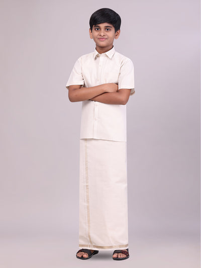 Kids Beige Color Tissue Shirt with Jari Dhoti Combo