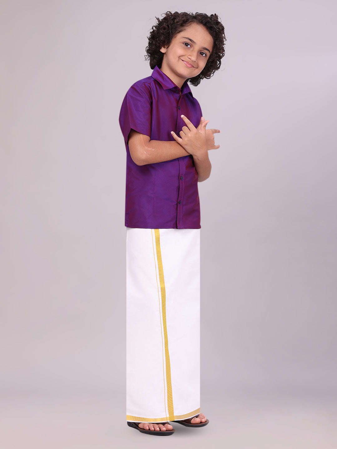 Boys Art Silk Purple Half Sleeves Shirt with Gold Jari Flexi Dhoti Towel Combo side pose