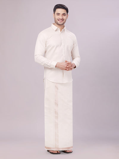 Men's Almond Tissue Jacquard Shirt with Matching Flexi Dhoti Combo Zeebra