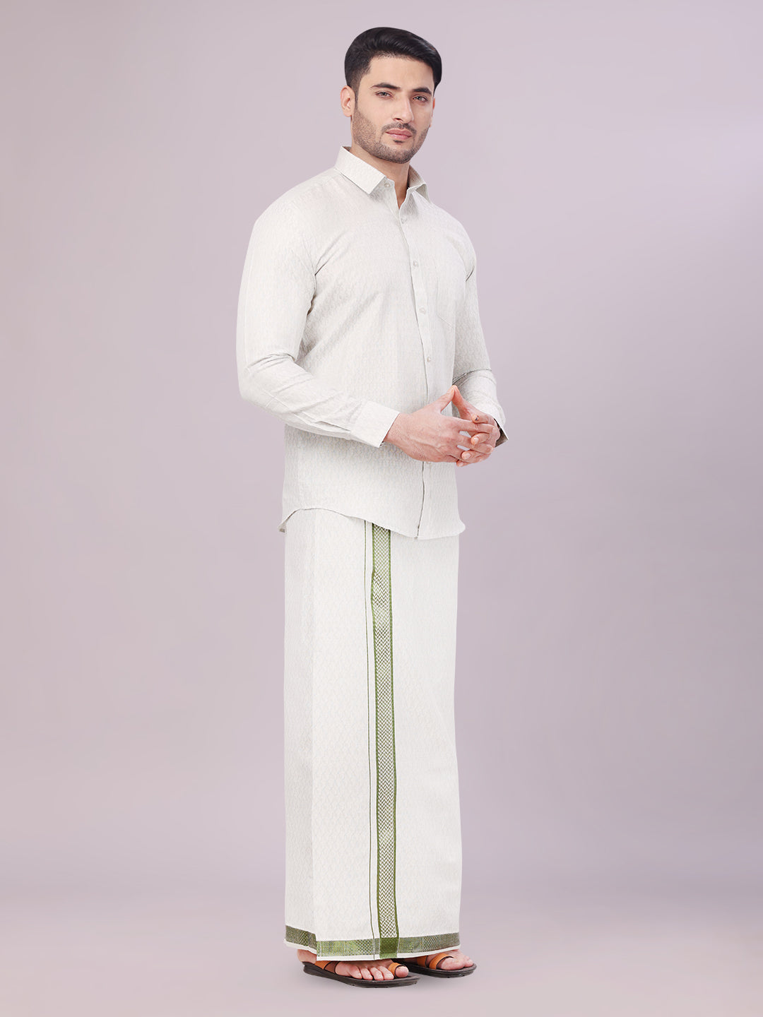 Men's Olive Green Colour Jacquard Shirt with Matching Dhoti Combo Zeebra side pose