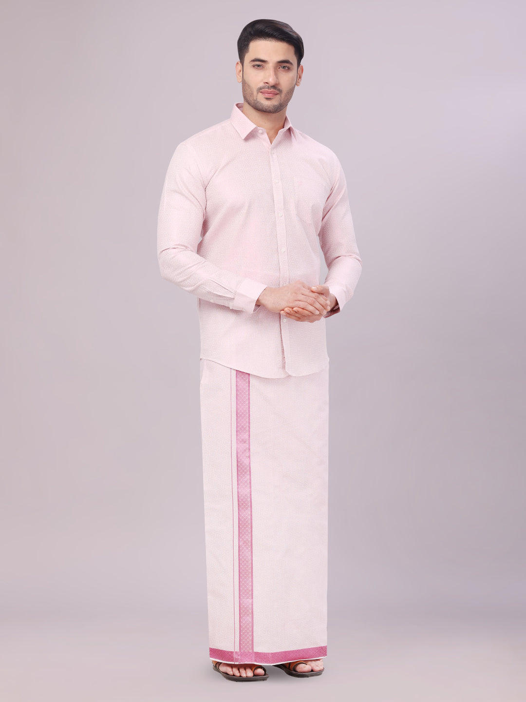 Men's Rose Tissue Jacquard Shirt with Matching Dhoti Combo Zeebra side pose