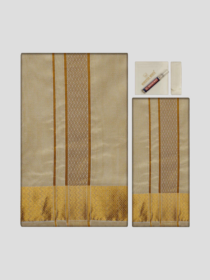 Men's Art Silk Fawn Jacquard Full Sleeves Shirt with 2 1/2" Gold Jari Border Dhoti & Towel Combo Nautica