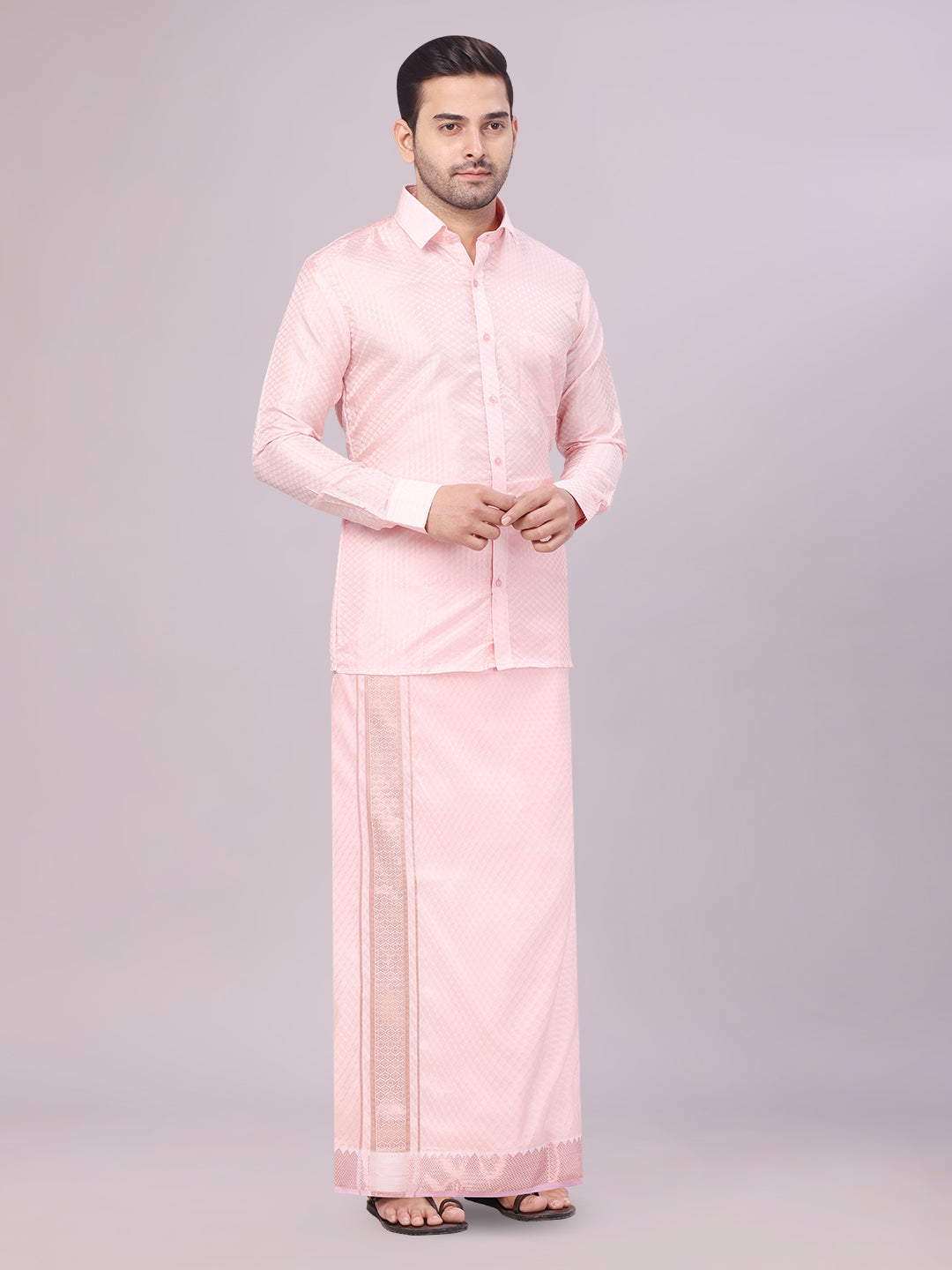 Men's Art Silk Pink Full Sleeves Shirt with 2 1/2" Copper Jari Border Dhoti Combo Neogen side pose