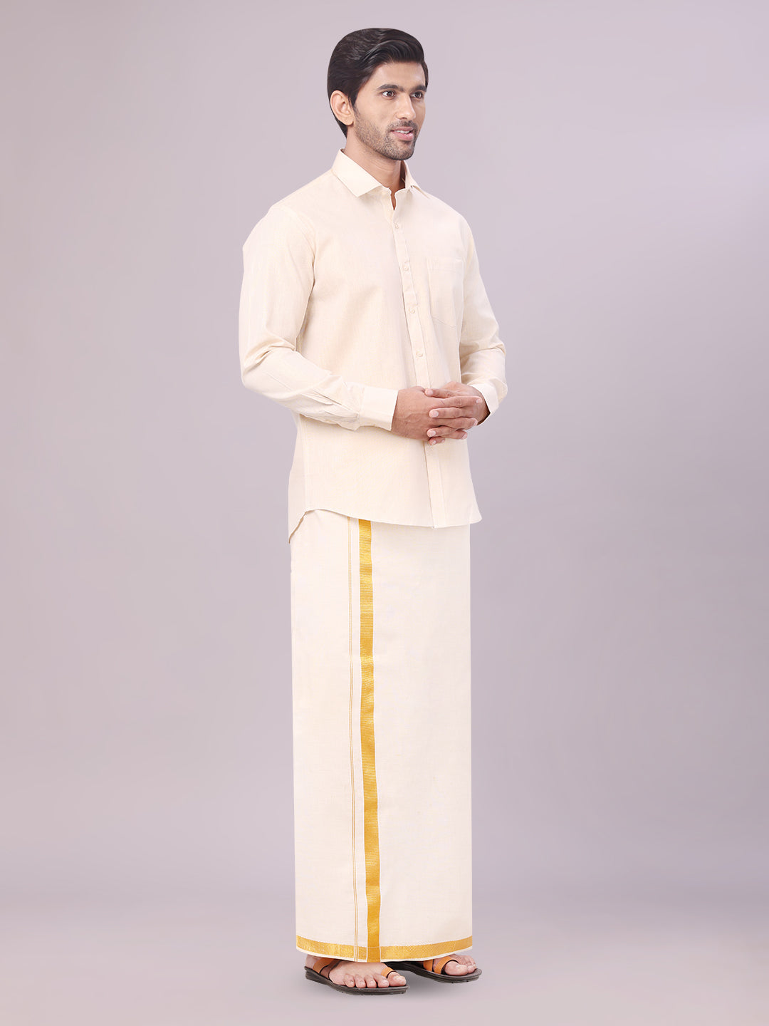 Men's Tissue Gold Color Flexi Dhoti Shirt Wedding Combo Maverik Flexi back pose