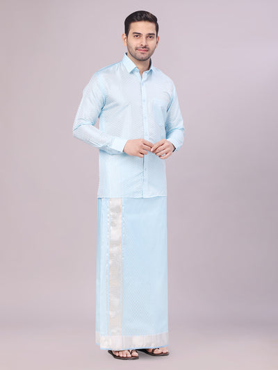 Men's Art Silk Sky Blue Jacquard Full Sleeves Shirt with 2 1/2" Jari Border & Towel Dhoti Combo Nautica