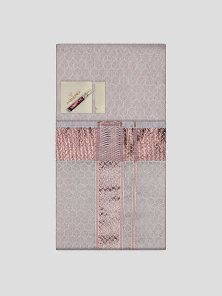 Men's Premium Art Silk Light Copper Shirt Bit with 2 1/2" Copper Jari Border Dhoti Combo Sweden
