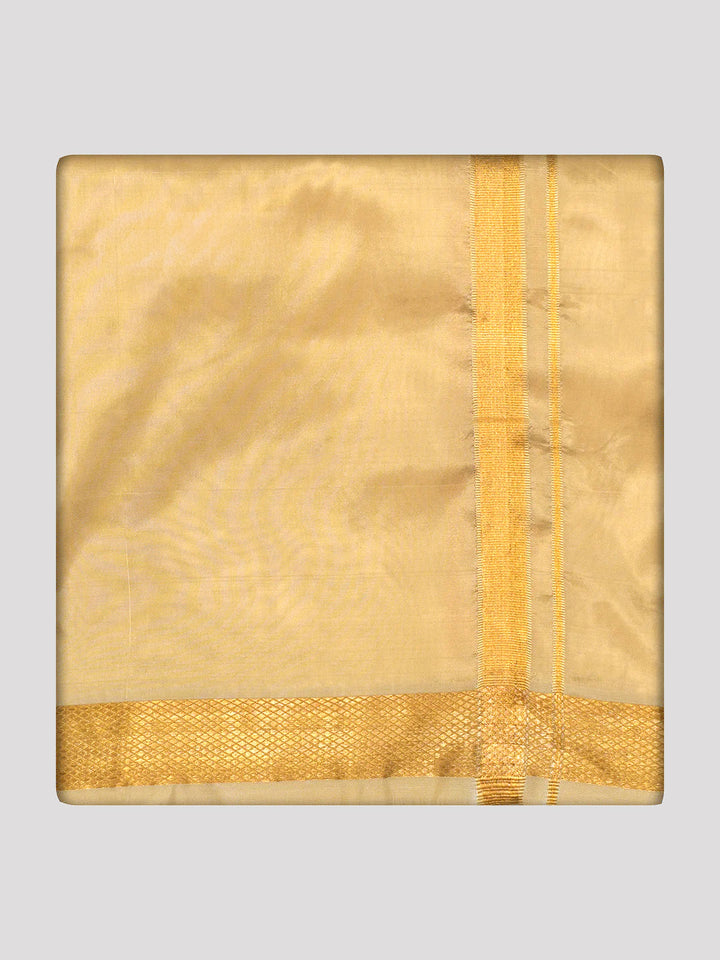 Mens Art Silk Medium Gold Full Sleeves Shirt with Gold Jari Border Dhoti Combo Finesse
