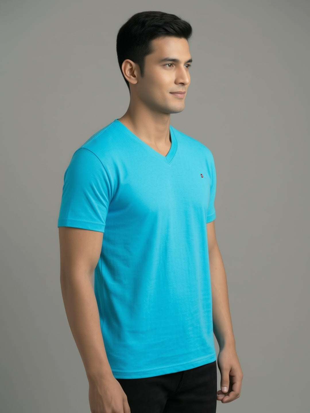 Men's Aqua Regular Fit V-Neck T-Shirt Caliber