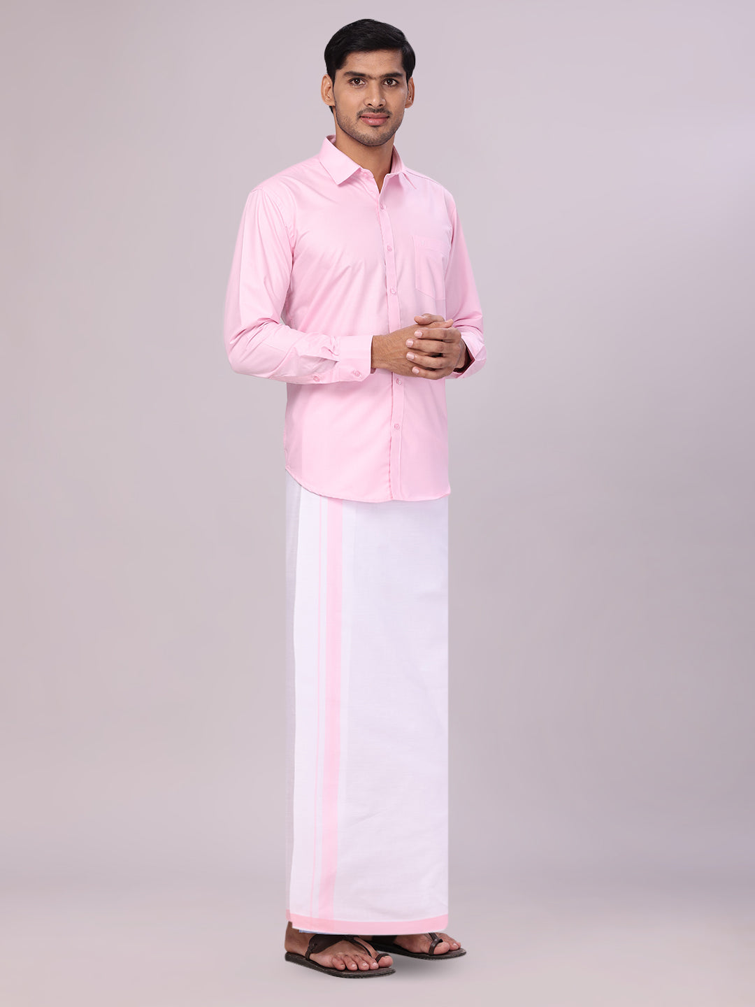 Men's Cotton Pink Matching Shirt and Dhoti Combo Luster side pose