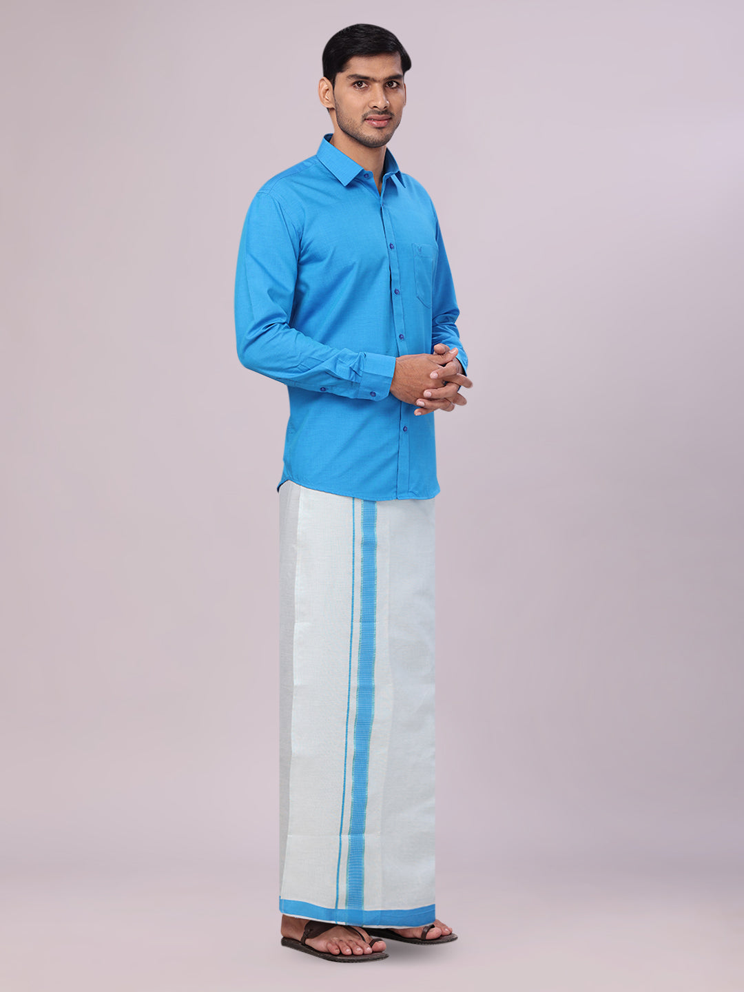 Mens Cotton Blue Shirt with Tissue Matching Border Flexi Dhoti Wedding Combo Kandala