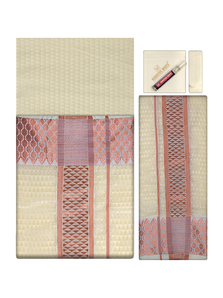 Men's Premium Art Silk Cream Shirt Bit with 2 1/2" Copper Jari Border Dhoti Towel Combo Sieger