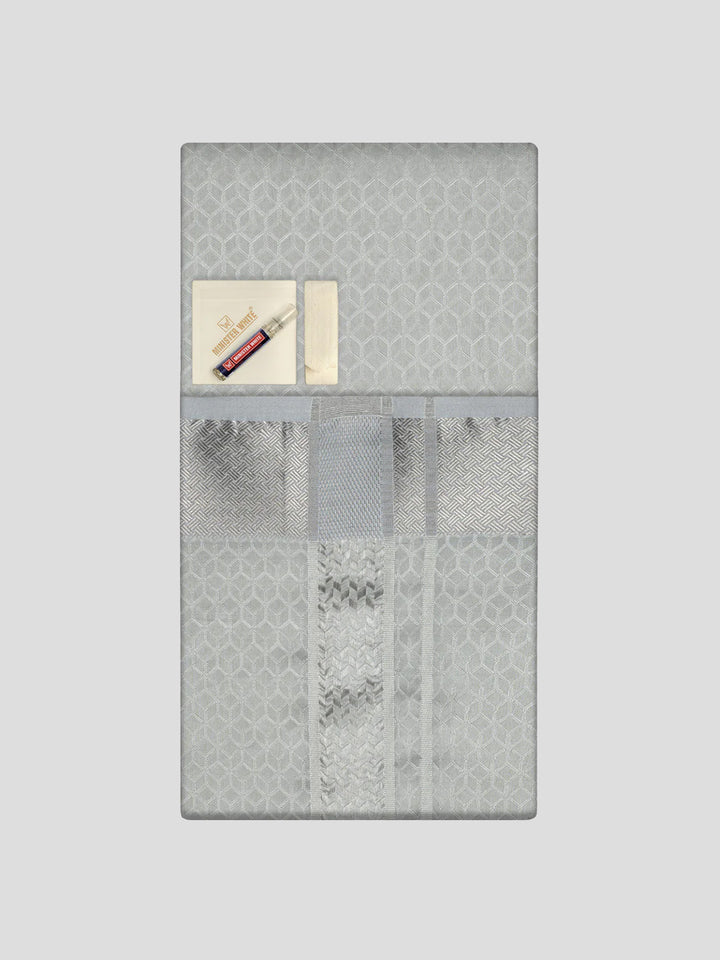 Men's Premium Art Silk Silver Shirt Bit with 2 1/2" Silver Jari Border Dhoti Towel Combo Sweden