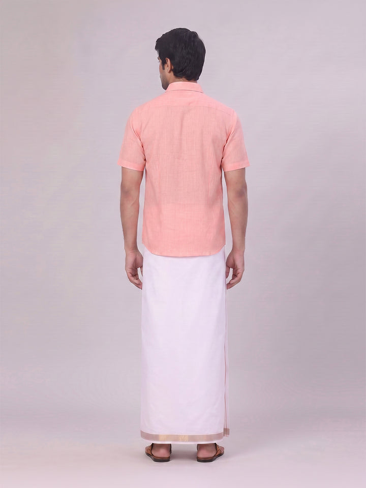 Mens Coral Pink Shirt with Matching jacquard Weave Border Dhoti Combo Marsh