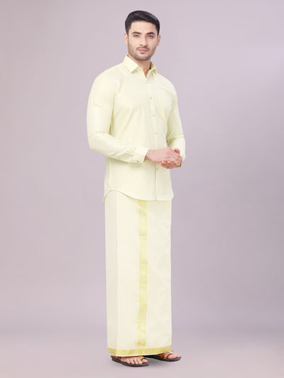 Men's Brass Tissue Jacquard Shirt with Matching Dhoti Combo Zeebra side pose