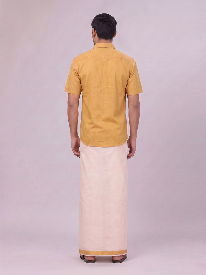 Mens Cotton Mustard Shirt with Tissue Matching Border Dhoti Wedding Combo Kandala