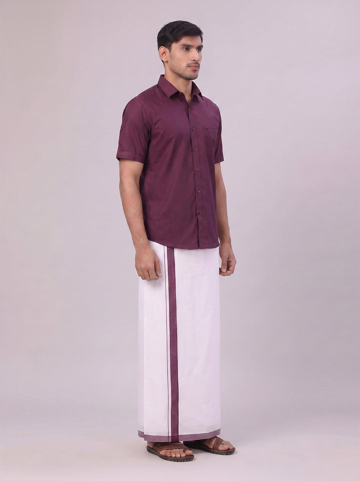 Mens Dark Wine Color Shirt with Matching Border Dhoti Combo Casper