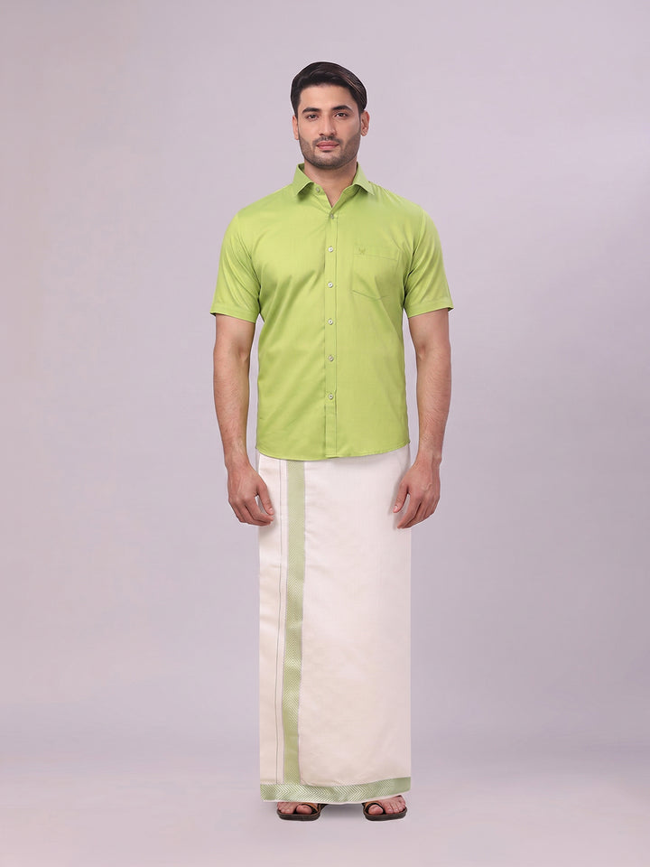 Men Cotton Parrot Green Shirt and Airtex Matching Border Dhoti Combo Nector
