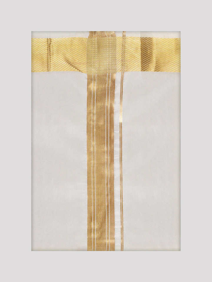 Men's Art Silk Cream Full Sleeves Shirt with 100k Gold Jari Border Flexi Dhoti Combo Finesse