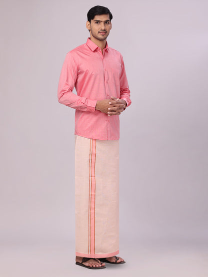 Father & Son Pink Colour Cotton Shirt with Matching Border Tissue Dhoti Combo