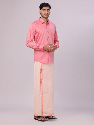 Father & Son Pink Colour Cotton Shirt with Matching Border Tissue Dhoti Combo
