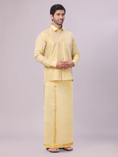 Men's Art Silk Mango Full Sleeves Shirt with Gold Jari Border Dhoti Combo Finesse side pose