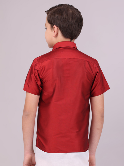 Boys Dupion Satin Rust Colour Half Sleeves Shirt back pose