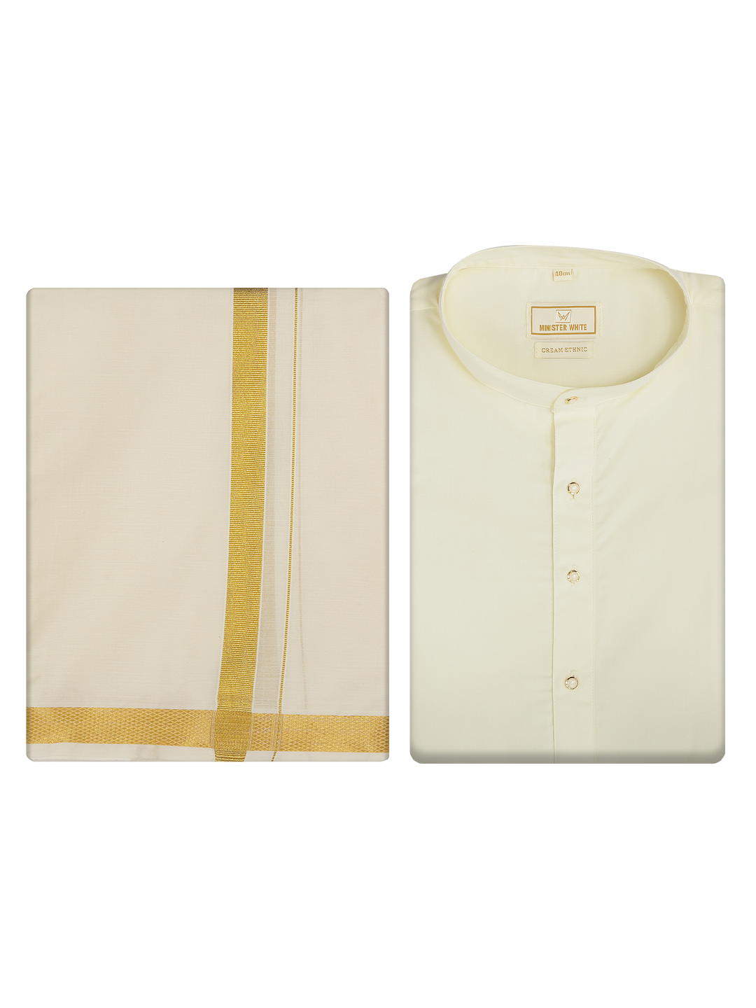 Mens Cotton Cream Kurta with 1" Gold Jari Panchakacham Angavastram Combo