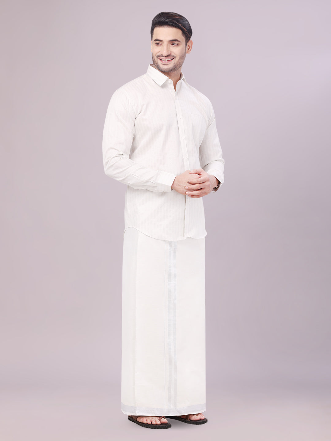 Men's Tissue Stripes Silver Shirt with Plain Jari Border Dhoti Wedding Combo Carter side pose