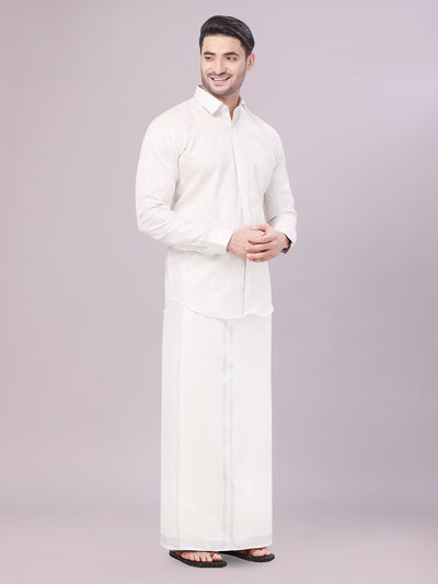 Mens Tissue Stripes Silver Shirt with Plain Jari Border Dhoti Wedding Combo Carter