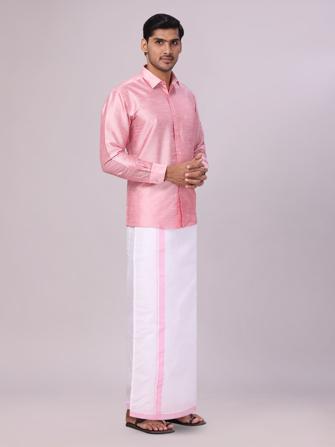 Men's Light Pink Dupion Satin Shirt with Matching Border Dhoti Combo Gora side pose