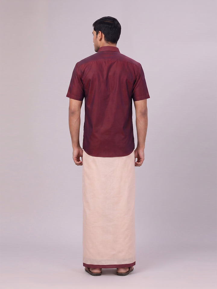 Mens Cotton Maroon Shirt with Tissue Matching Border Dhoti Wedding Combo Kandala