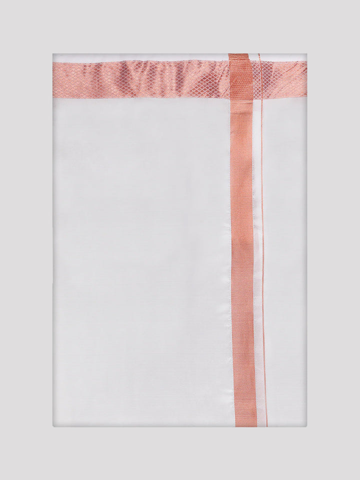Men's Art Silk Off White Full Sleeves Shirt with Copper Jari Border Dhoti Combo Finesse