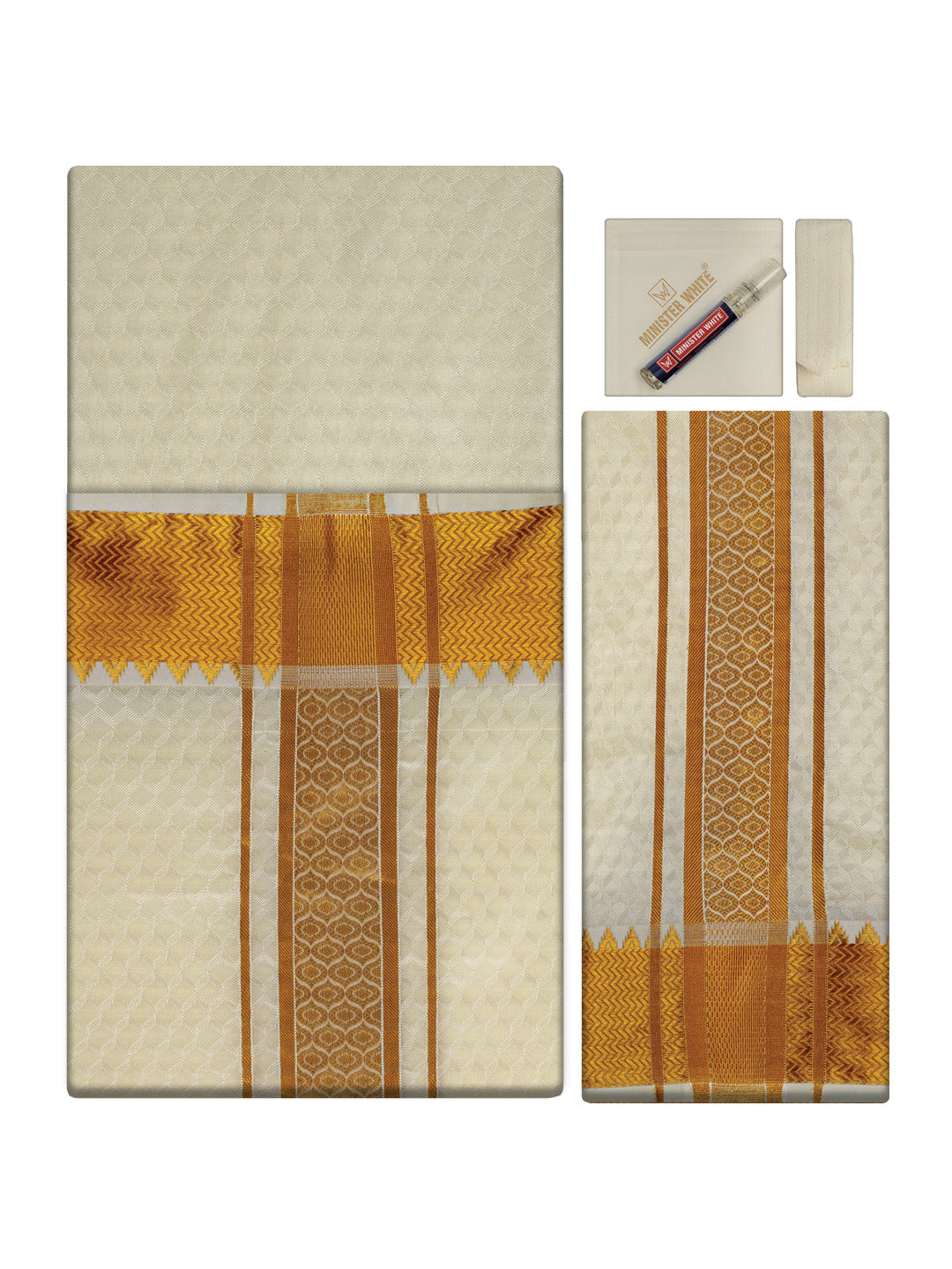 Men's Premium Art Silk Cream Shirt Bit with 2 1/2" Gold Jari Border Dhoti Towel Combo Sieger