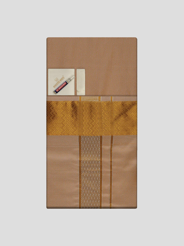 Men's Premium Art Silk Biscuit Shirt Bit with 2 1/2" Gold Jari Border Dhoti Towel Combo Sieger