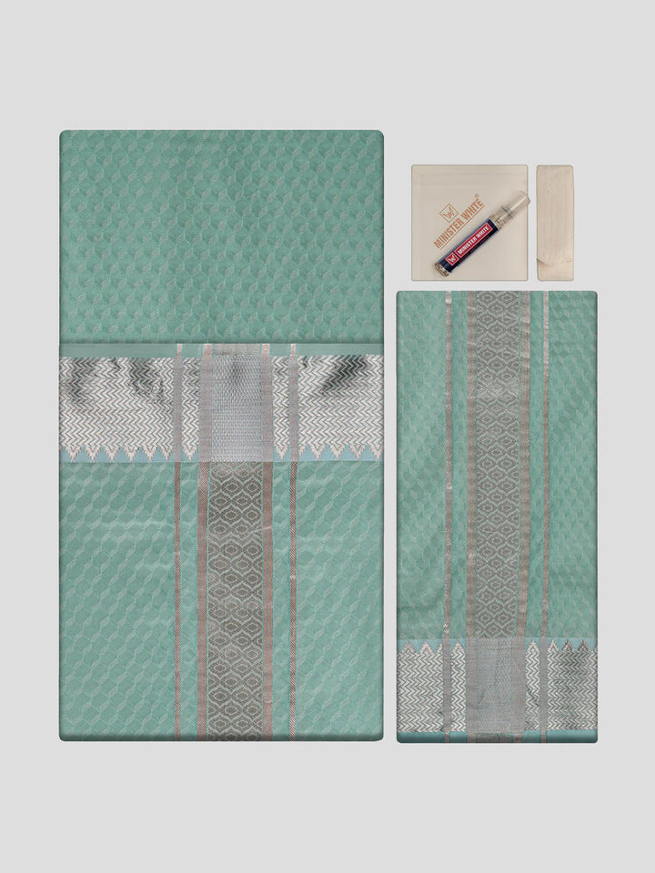 Men's Premium Art Silk Sea Green Shirt Bit with 2 1/2" Copper Jari Border Dhoti Combo Sieger