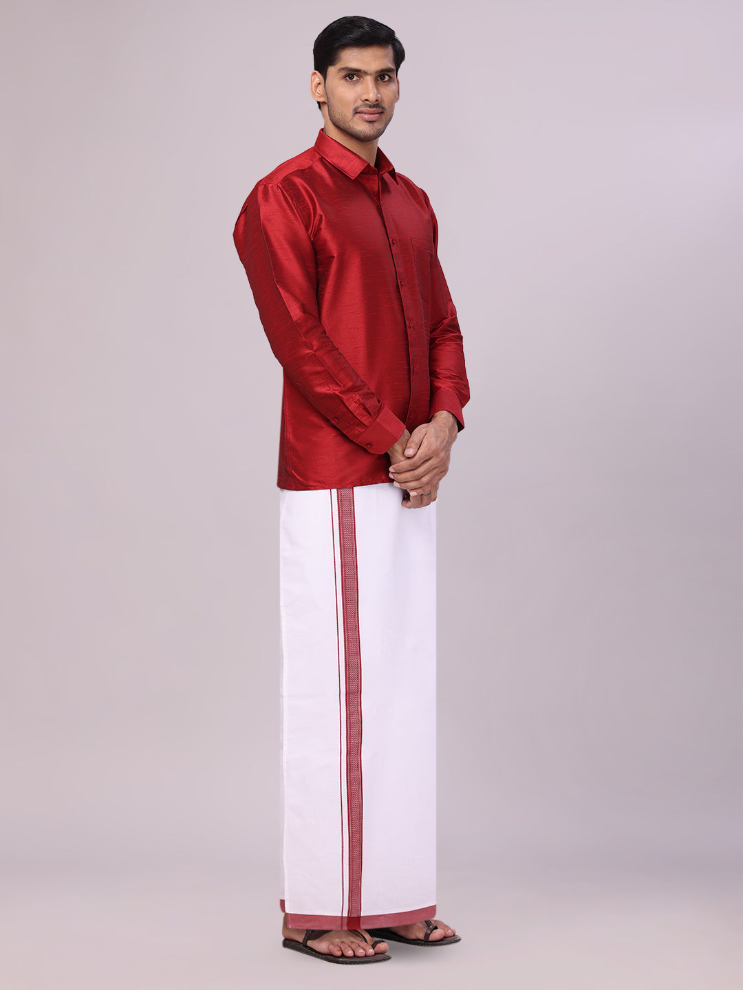 Dupion Satin Maroon Shirt with Dhoti Combo for men