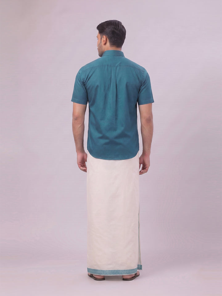 Men's Cotton Steel Blue Shirt and Airtex Matching Border Dhoti Combo Nector