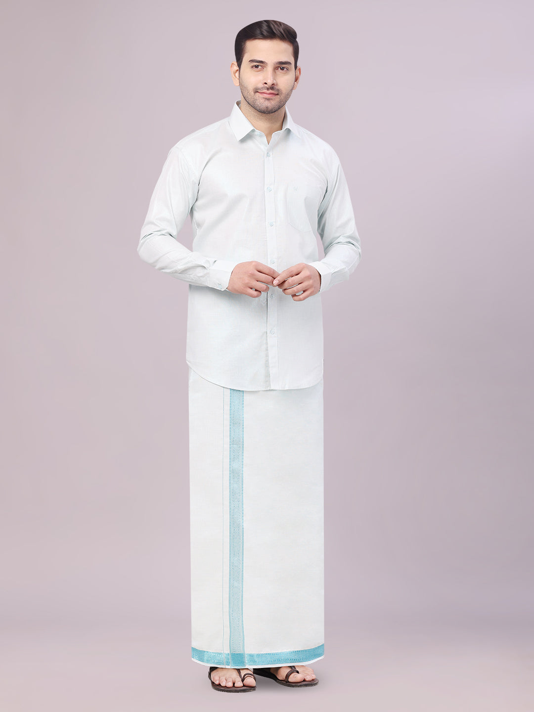 Men's Tissue Mint Blue Shirt with Jacquard Fancy Border Dhoti Wedding Combo Nios side pose