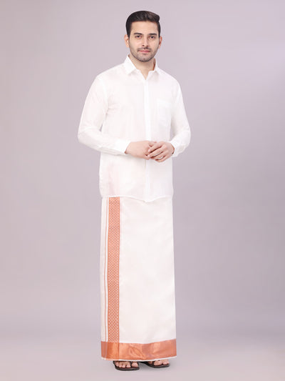 Men's Art Silk Half White Full Sleeves Shirt with 4" Copper Jari Border Dhoti Combo Neogen side pose