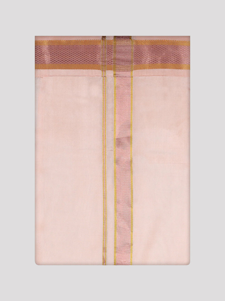 Men's Art Silk Light Peach Full Sleeves Shirt with Copper Jari Border Dhoti Combo Finesse