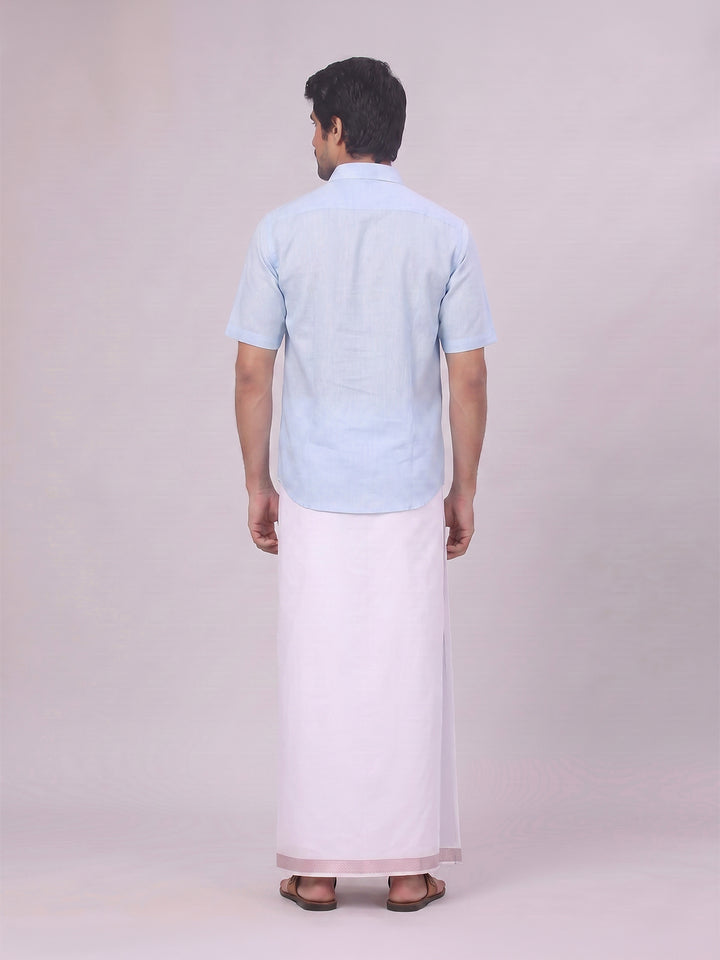 Men's Sky Blue Shirt with Matching jacquard Weave Border Dhoti Combo Marsh