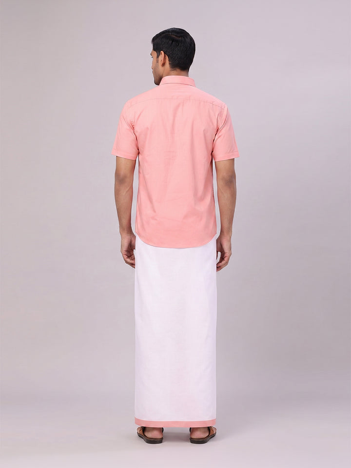 Mens Light Pink Color Shirt with Matching Border Dhoti Combo Casper
