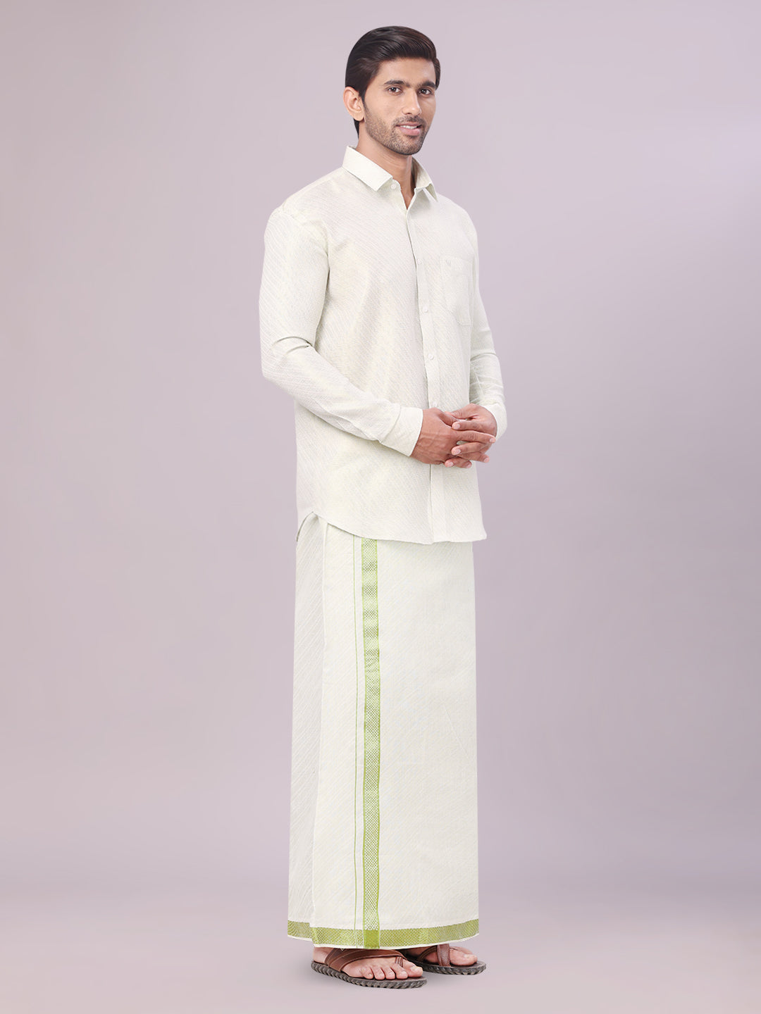 Men's Leaf Green Tissue Jacquard Shirt with Matching Dhoti Combo Zeus side pose