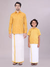 Father & Son Yellow Color Cotton Shirt with Matching Border Dhoti Combo