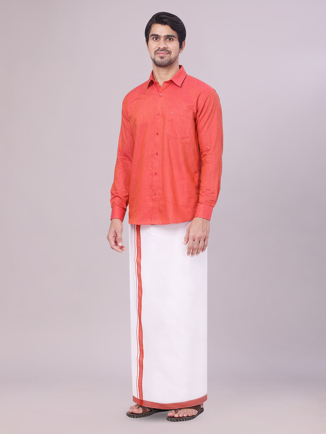 Dark Pink Colour Cotton Shirt with Matching Border Dhoti Combo for men side pose